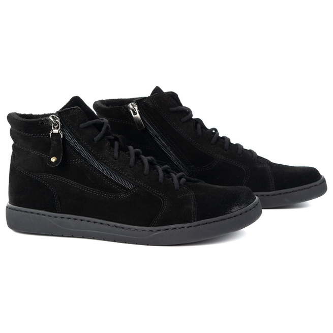 Damskie minimalistyczne buty skórzane zimowe barefoot 1261 czarny welur