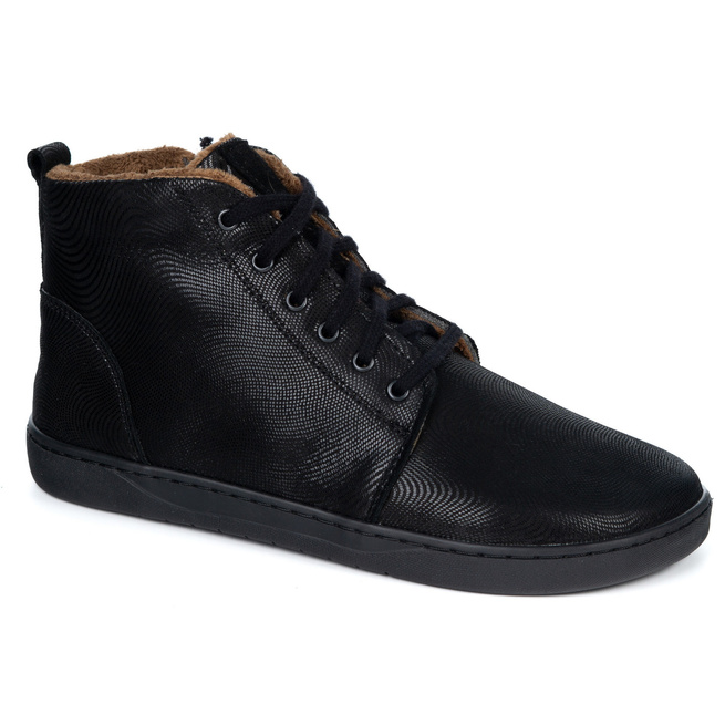 Damskie buty barefoot zimowe skórzane ZB04 ocieplane obuwie minimalistyczne czarne fala