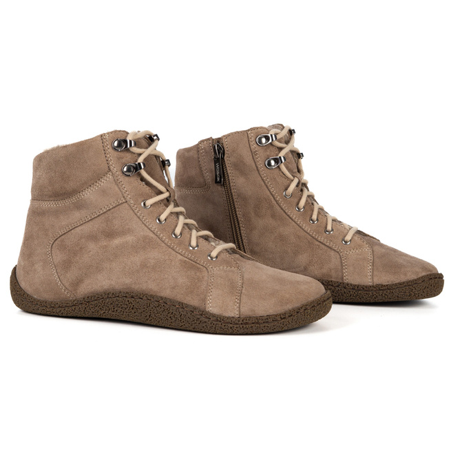 Damskie trzewiki barefoot ocieplane wełną merino 0769W cappucino welur