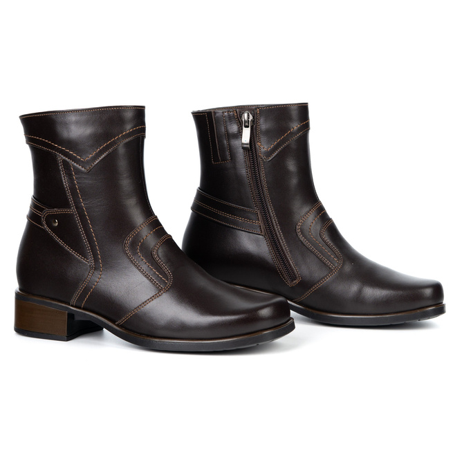 Botki damskie skórzane ocieplane z zamkiem 888BB brązowe