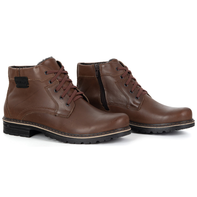 Męskie buty zimowe trzewiki skórzane J35S brązowe