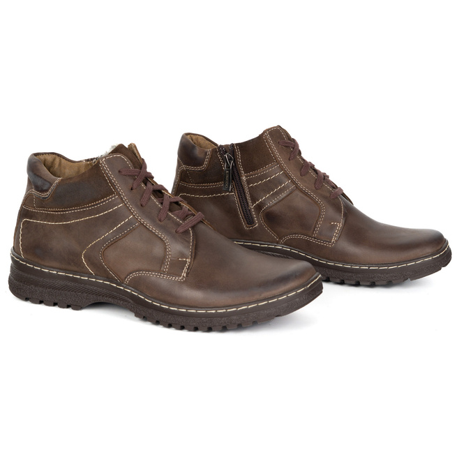Buty męskie skórzane zimowe ocieplane KOMODO 907K trzewiki na zamek brązowe