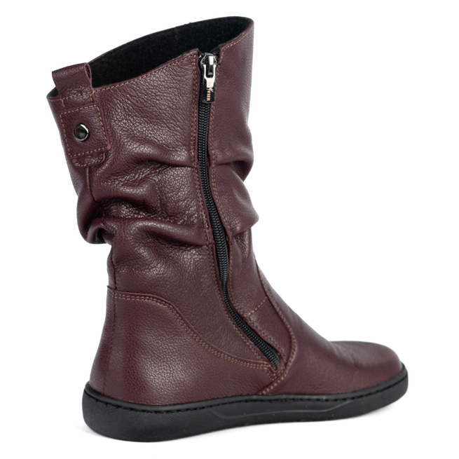 Buty Damskie botki BAREFOOT skórzane ocieplane Freja polskie bordowe lico