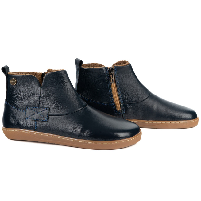 Buty damskie zimowe barefoot skórzane Z-B07 granatowe zamek