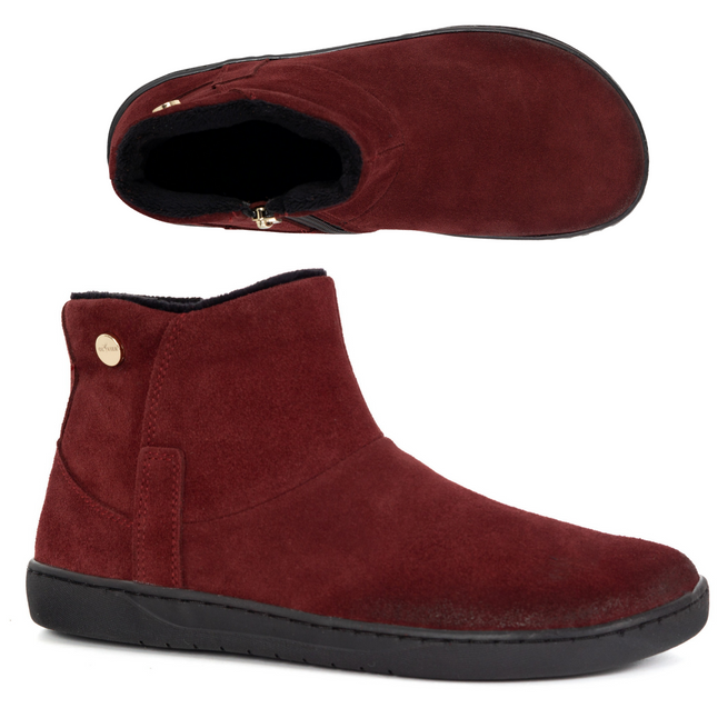 Damskie botki barefoot zimowe skórzane ocieplane futerkiem Olivier 202MP bordowe
