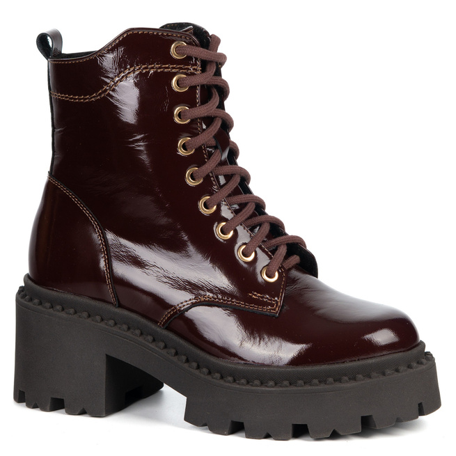 Botki damskie skórzane Olivier 404BB sznurowane na słupku z zamkiem bordowe