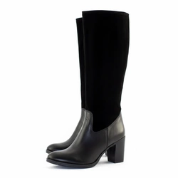 Skórzane kozaki damskie Olivier wysokie na obcasie czarne z licem