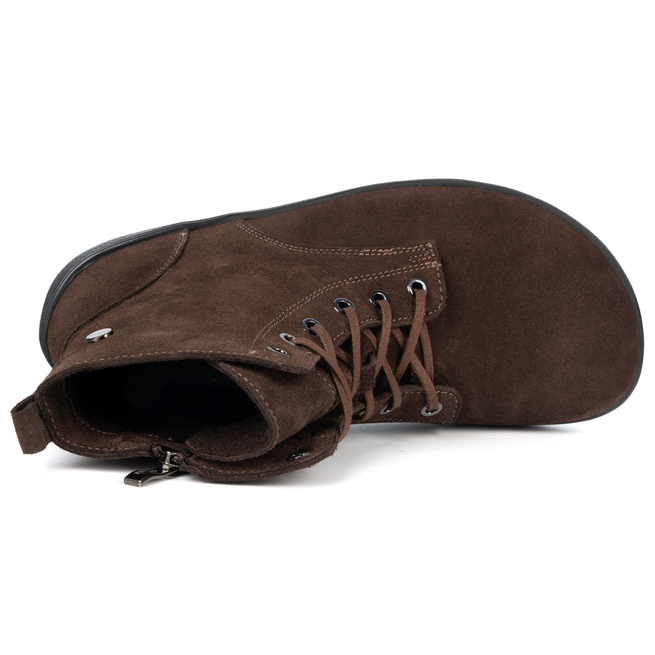 Botki damskie BAREFOOT skórzane 1795/2POL – ocieplane, sznurowane z zamkiem brązowe