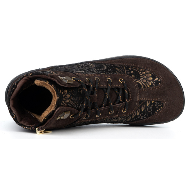 Buty BAREFOOT damskie zimowe 201MP ocieplane skórzane brąz welur we wzory