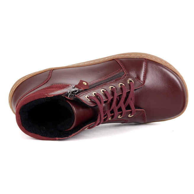 Damskie minimalistyczne buty skórzane zimowe barefoot 1293 bordo z nubukiem