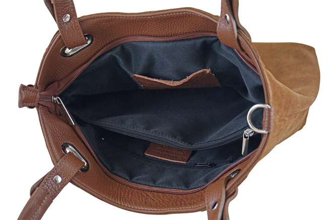 Duża elegancka torebka z naturalnej skóry i zamszu - Brązowa