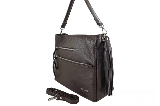 Pojemna skórzana torba z frędzlem - Brązowa ciemna