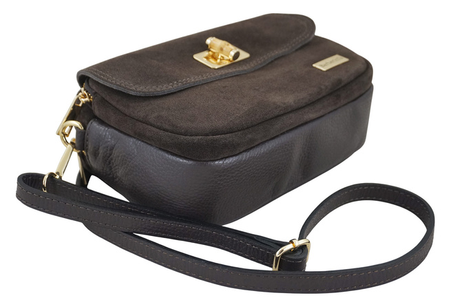 Malá semišová poštovní taška se zlatým zapínáním - Hnědá tmavá