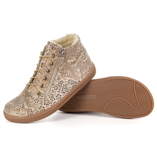 Damskie minimalistyczne buty skórzane zimowe barefoot 1293 beż w etniczne wzory