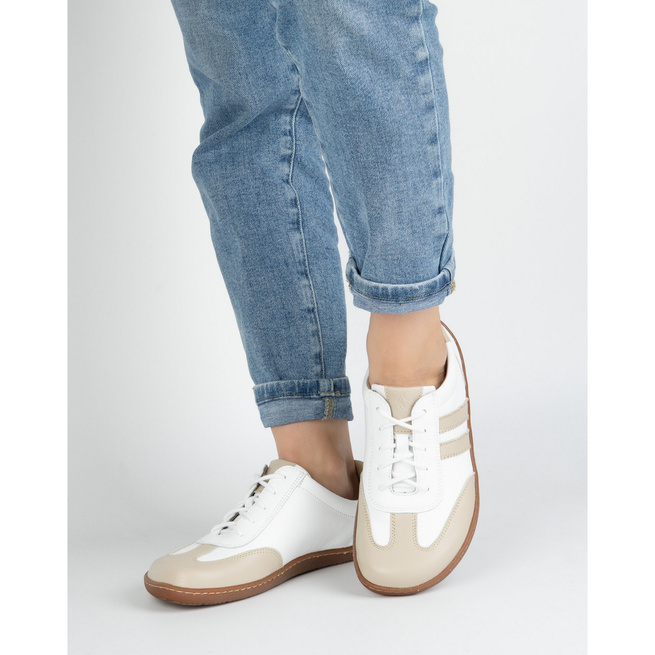 Buty BAREFOOT damskie skórzane minimalistyczne 1287 białe z beżem sneakersy