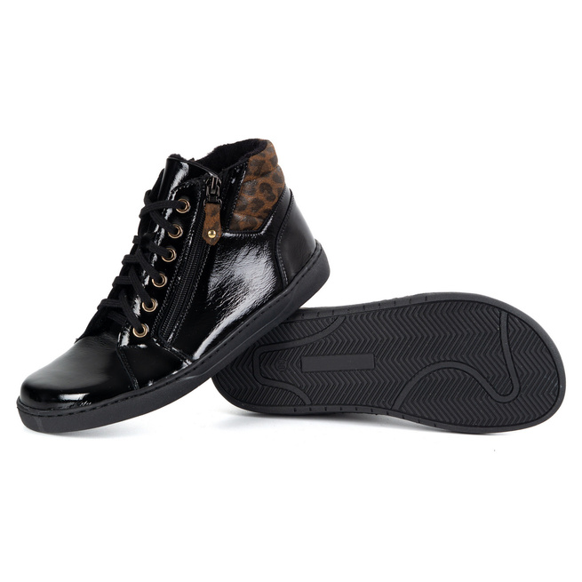 Dámské minimalistické barefoot zimní kožené boty 1293 černý lak s leopardím potiskem 