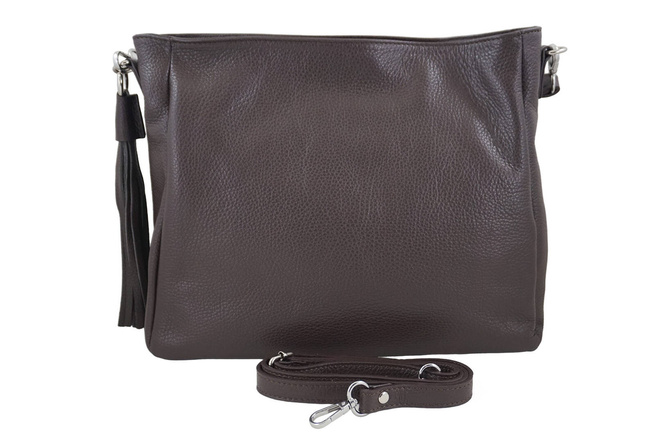 Pojemna skórzana torba z frędzlem - Brązowa ciemna