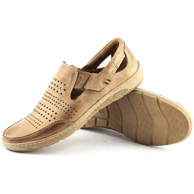 Buty męskie skórzane ażurowe 863 na lato beżowe