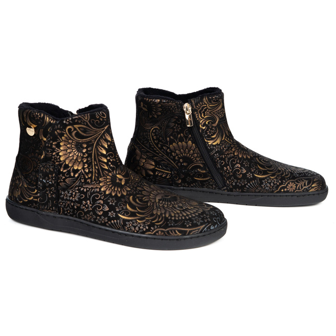 Damskie botki barefoot zimowe skórzane ocieplane futerkiem Olivier 202MP kwiaty złote