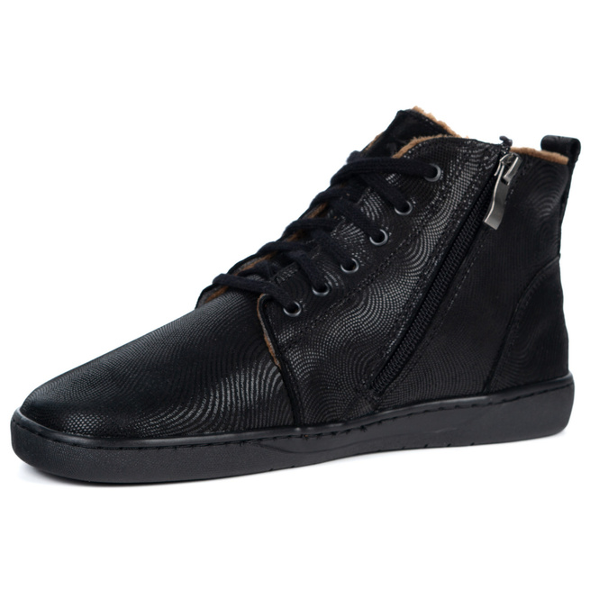 Damskie buty barefoot zimowe skórzane ZB04 ocieplane obuwie minimalistyczne czarne fala