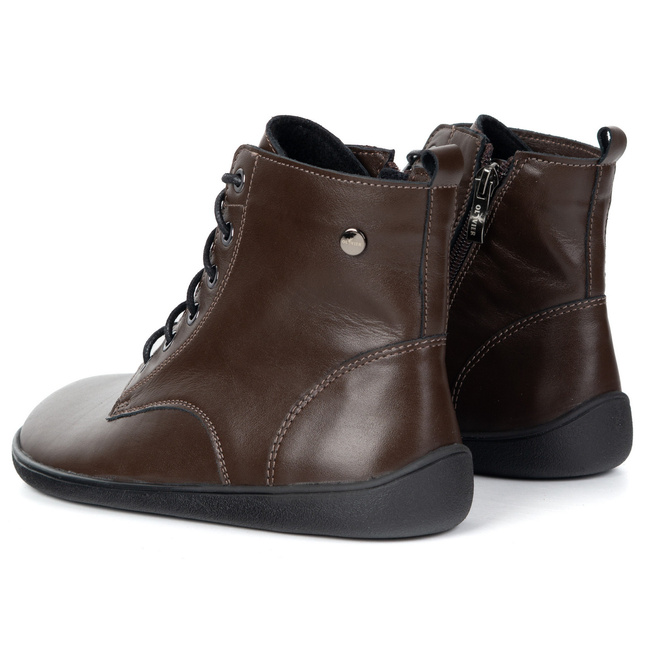 BAREFOOT dámské kožené boty 1795POL - zateplené, šněrovací se zipem, hnědý povrch