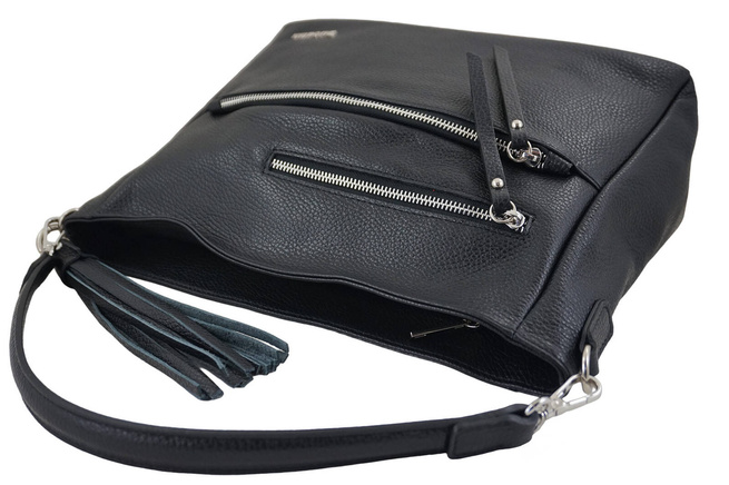 Pojemna skórzana torba z frędzlem - Czarna