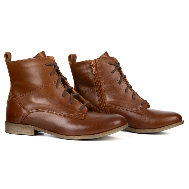 Olivier Claire – klasyczne botki damskie sznurowane z zamkiem, skóra naturalna brązowe