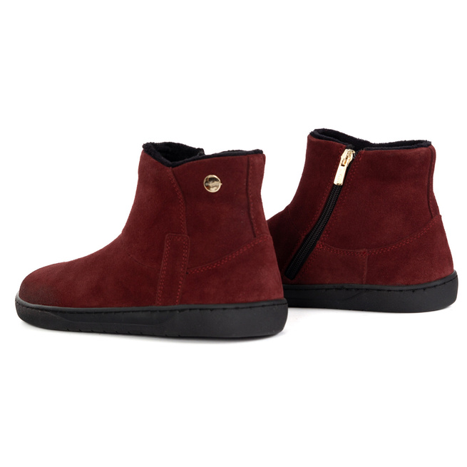 Damskie botki barefoot zimowe skórzane ocieplane futerkiem Olivier 202MP bordowe
