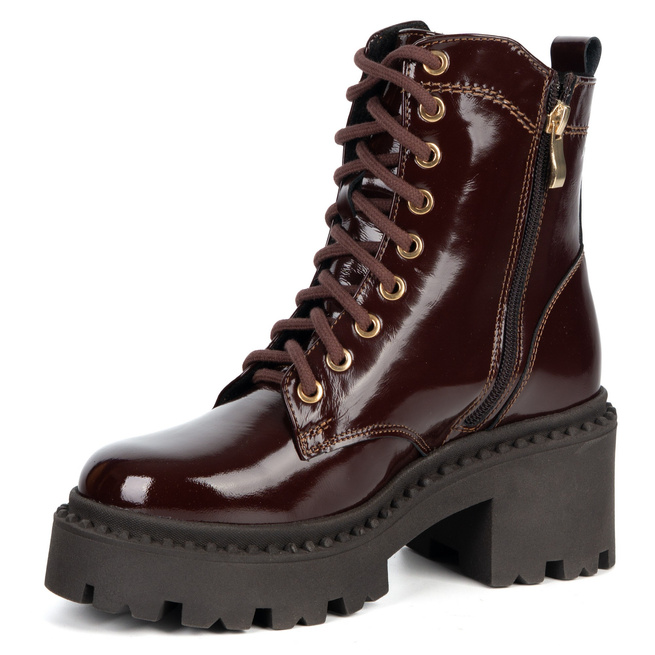 Botki damskie skórzane Olivier 404BB sznurowane na słupku z zamkiem bordowe