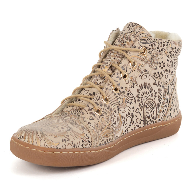 Dámské minimalistické barefoot zimní kožené boty 1293 béžové s etnickými vzory
