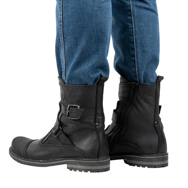 Pánské černé kožené sobolí boty 82KZ - obuv na motorku z přírodní kůže