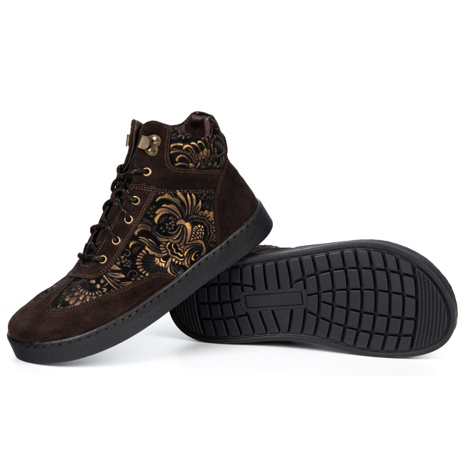 Buty BAREFOOT damskie zimowe 201MP ocieplane skórzane brąz welur we wzory