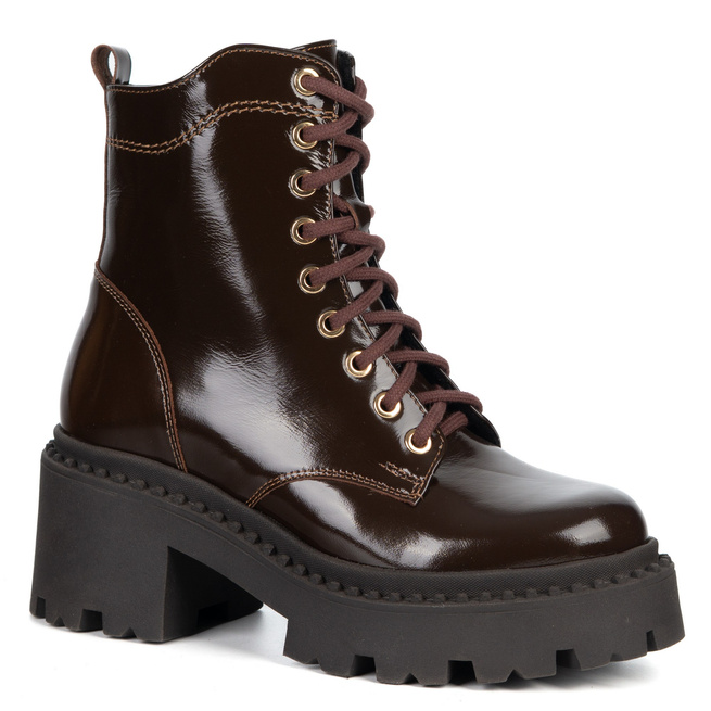 Botki damskie skórzane Olivier 404BB sznurowane na słupku z zamkiem brązowe