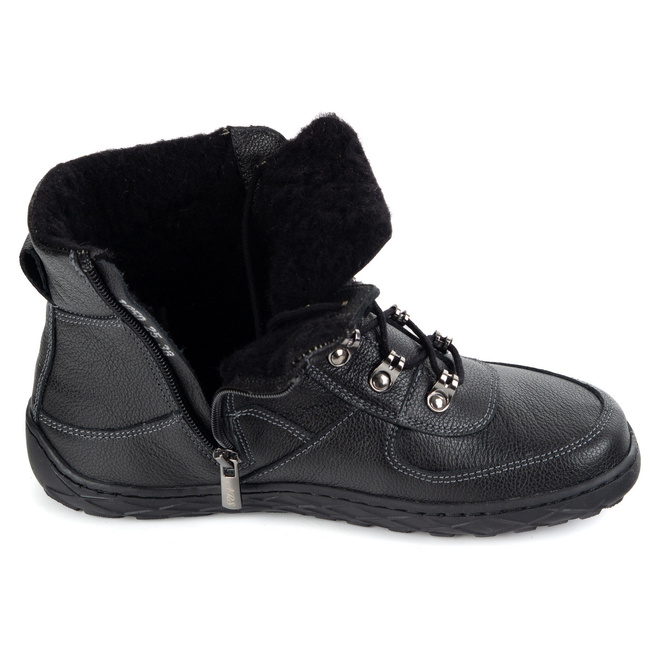 Buty barefoot zimowe damskie skórzane ocieplane wełną szeroki przód czarne 1292