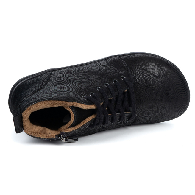 Damskie buty barefoot zimowe skórzane ZB04 ocieplane obuwie minimalistyczne czarne fala