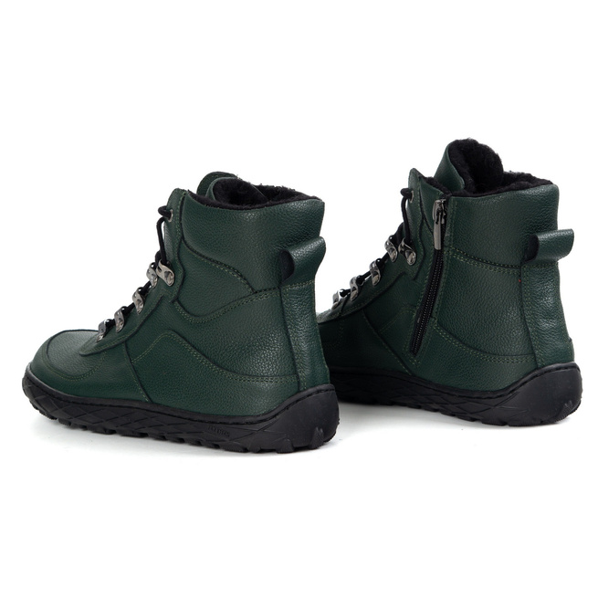 Buty barefoot zimowe damskie skórzane ocieplane wełną 1292 zielone