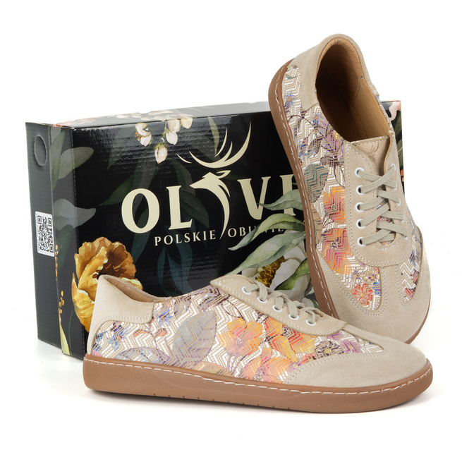 Buty barefoot damskie skórzane Olivier Eliza kwiaty beżowe