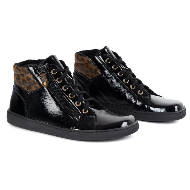 Dámské minimalistické barefoot zimní kožené boty 1293 černý lak s leopardím potiskem 