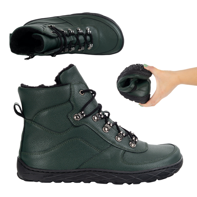Buty barefoot zimowe damskie skórzane ocieplane wełną 1292 zielone