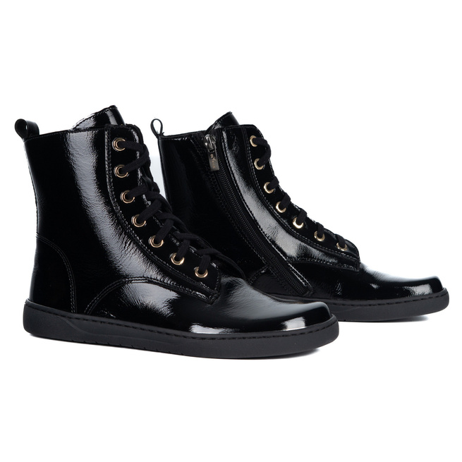 Buty damskie barefoot zimowe skórzane Olivier Liv 1303 ocieplane lakier czarne 