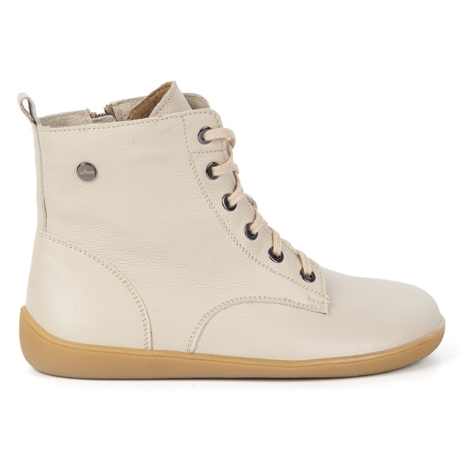 BAREFOOT dámské kožené boty 1795POL - zateplené, šněrovací se zipem béžové barvy