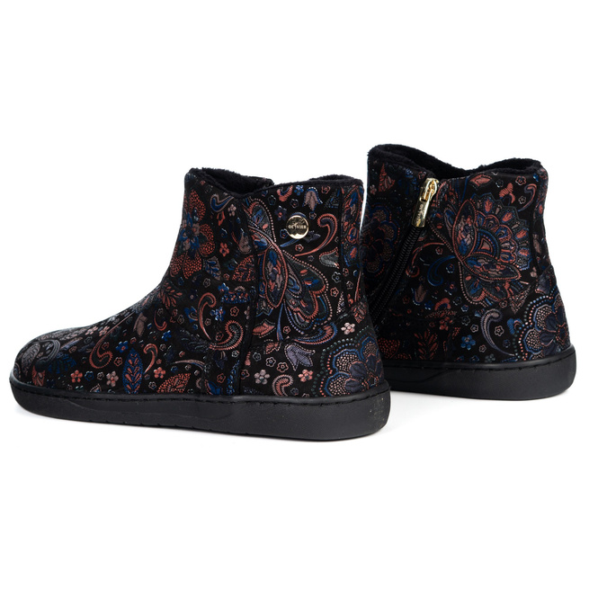 Damskie botki barefoot zimowe skórzane ocieplane futerkiem Olivier 202MP czarne w kwiaty