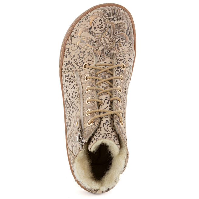 Dámské minimalistické barefoot zimní kožené boty 1293 béžové s etnickými vzory