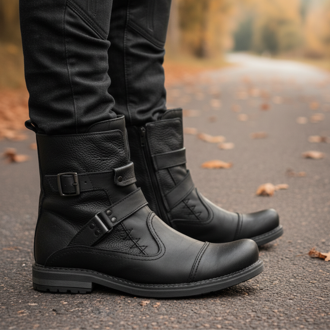 Męskie buty sztyblety skórzane 82KZ czarne – obuwie motocyklowe ze skóry naturalnej