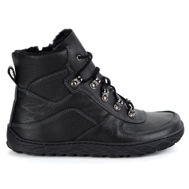 Buty barefoot zimowe damskie skórzane ocieplane wełną szeroki przód czarne 1292