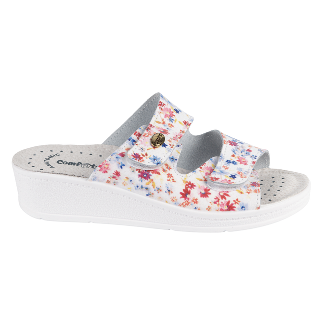 Buty skórzane damskie klapki regulowane medyczne GIULIA w kwiaty