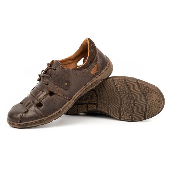 Buty męskie ażurowe skórzane na lato 986Ł brązowe