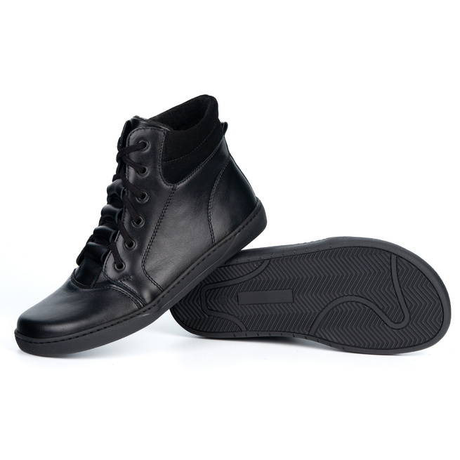 Buty damskie barefoot zimowe skórzane Olivier WINTER czarne za kostkę z zamkiem