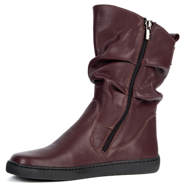 Buty Damskie botki BAREFOOT skórzane ocieplane Freja polskie bordowe lico