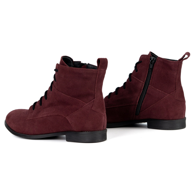 Olivier Claire – klasyczne botki damskie sznurowane z zamkiem, skóra naturalna bordowe